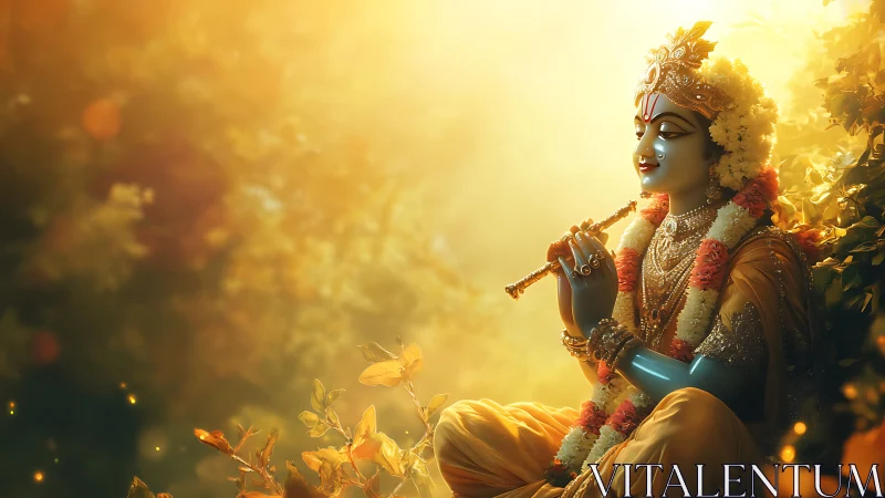 Golden forest glow around serene flute-playing figure.