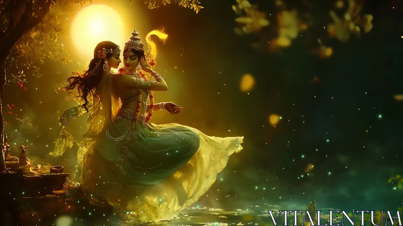 Divine couple illuminated by backlit moon in ethereal palette