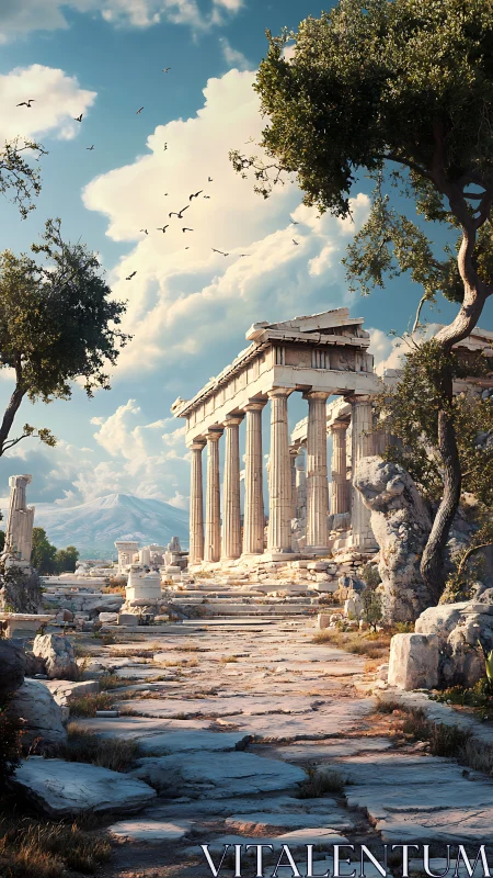 Sunlit ancient temple ruins welcome a quiet, timeless walk