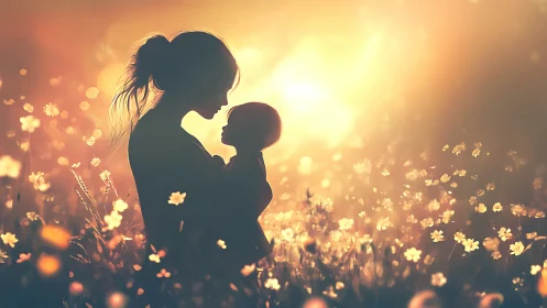 Mother and Child Glowing in Golden Flower Fields.