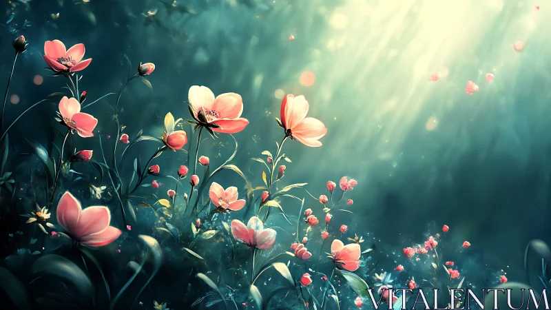 Pink flowers with rays of light in atmospheric composition.