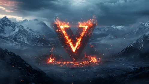 Fiery triangle sigil blazing over a stormy frozen valley.