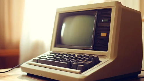 Cozy vintage computer glowing softly on a wooden desk.
