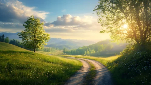Curving dirt path through sunlit spring meadow and distant hills