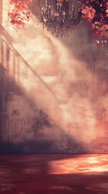 Vintage chandelier casts warm shadows in a faded salon