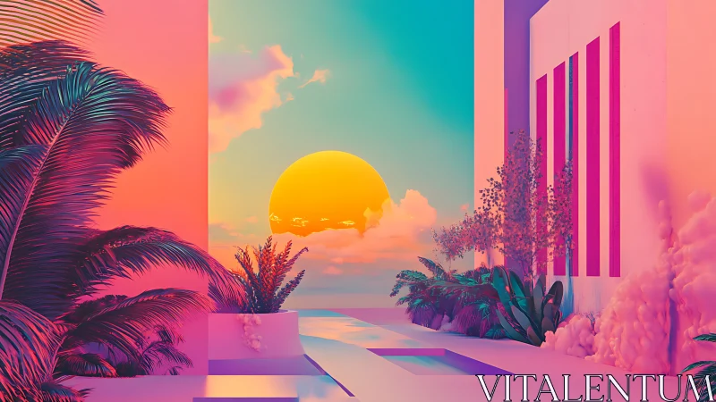 Neon tropical courtyard frames surreal golden sunset glow.