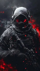 Crimson shadow operative framed in swirling battle light.