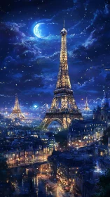 Moonlit Eiffel Tower rises over luminous Paris skyline.