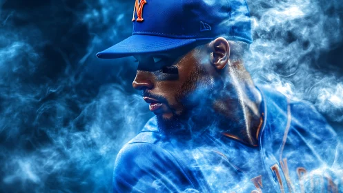 Electric blue ballplayer focused in swirling stadium haze.