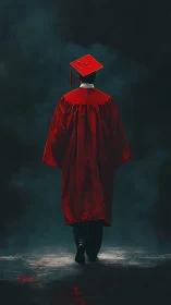 Graduate in red robe walks into a moody, uncertain future.