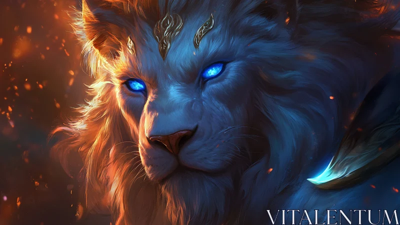 Celestial ember-lion gazes through blazing sapphire starlight.