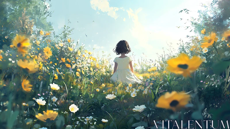 Backlit girl in white dress wandering through sunlit meadow.