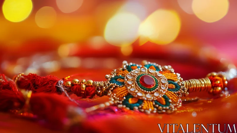 Radiant festive rakhi with shimmering red and gold warmth.