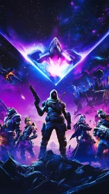 Neon sci fi strike team confronts colossal starship invasion.