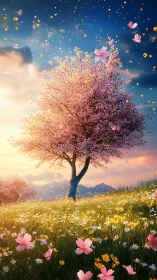Blossoming cherry tree glows in an enchanted spring meadow.