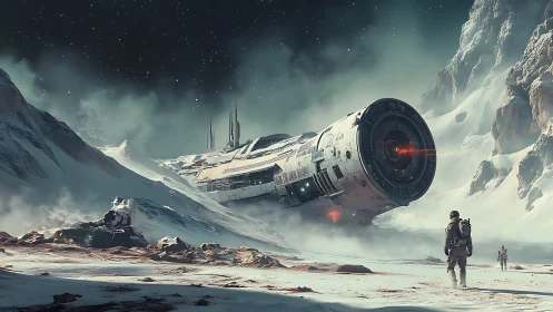 Massive crashed starship dominates a frozen alien canyon.