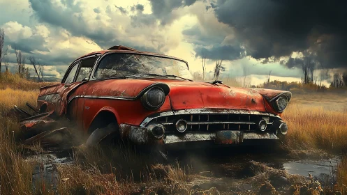 Rusting red sedan in flooded grassland under storm clouds.