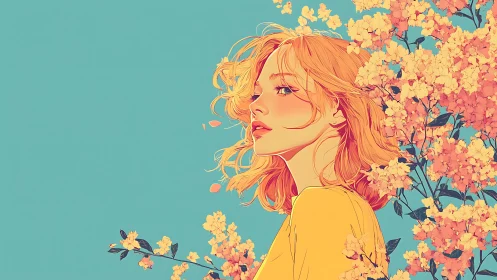 Golden haired woman beside blooming coral flowers.