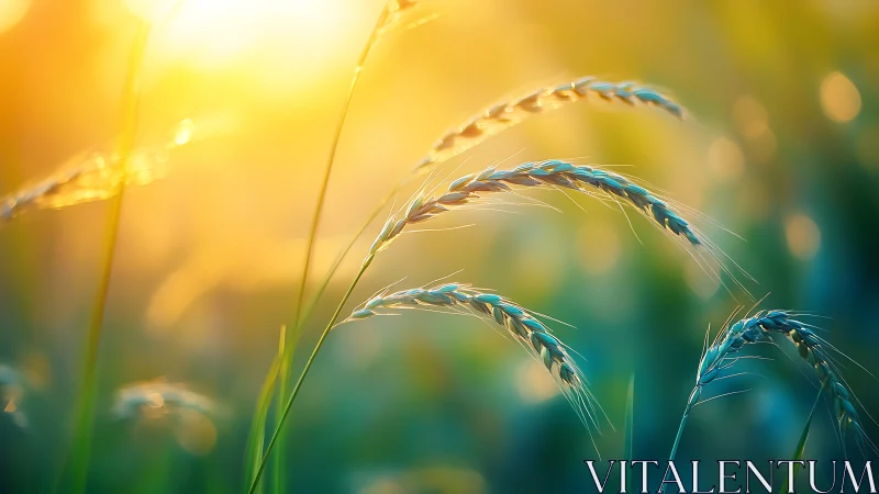 Backlit wheat stalks in soft golden summer sunset field.