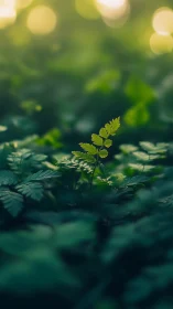 Selective focus macro of emergent fern frond in diffuse bokeh field.