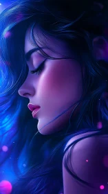 Neon-lit profile of serene woman in ethereal blue glow.
