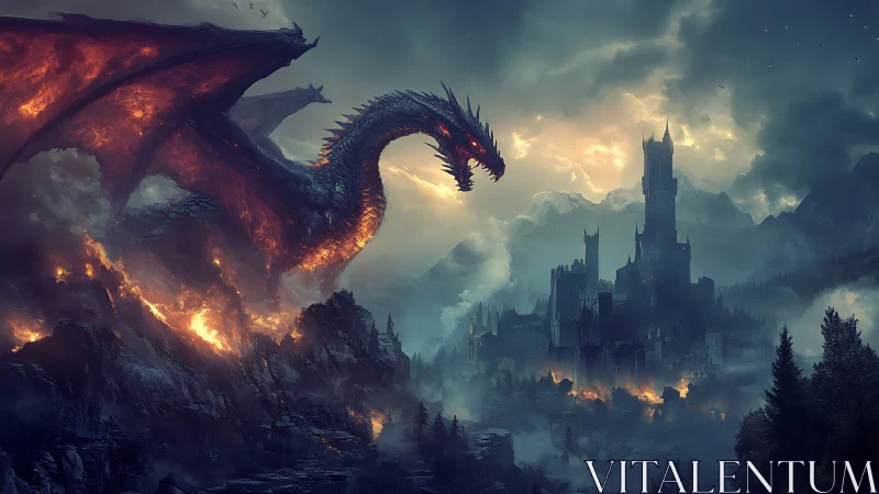 Firelit dragon siege engulfs gothic mountain citadel in smoke