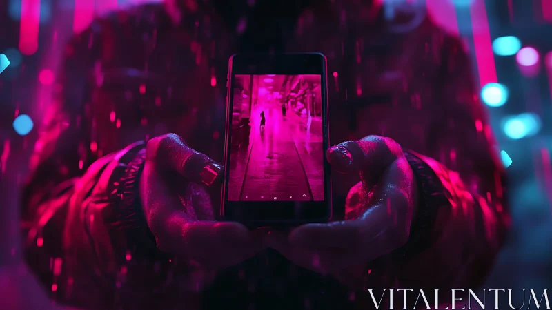 Neon city phone scene glows gently in vivid pink rain