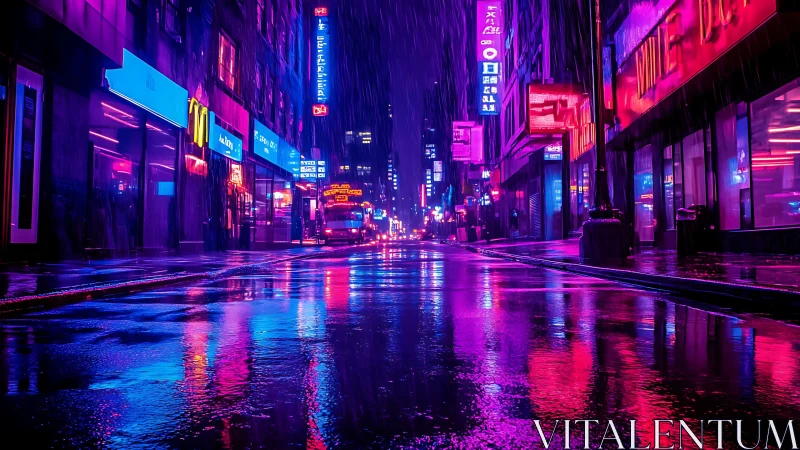 Neon city street glows softly in the rainwashed midnight light