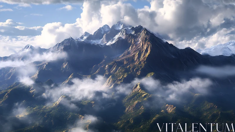 Sunlit alpine ridge rises through drifting valley clouds