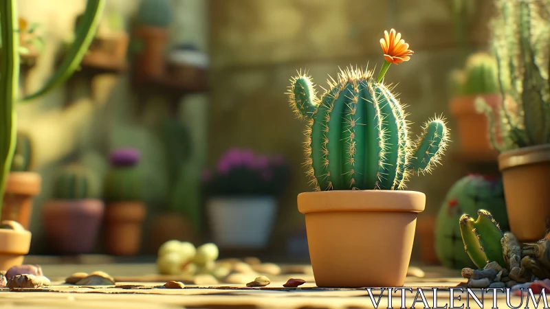 Cylindrical cactus in terracotta pot under shallow depth of field