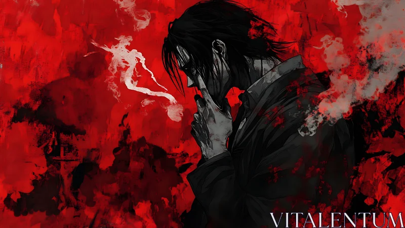 Side-lit smoker silhouette in red abstract painterly haze