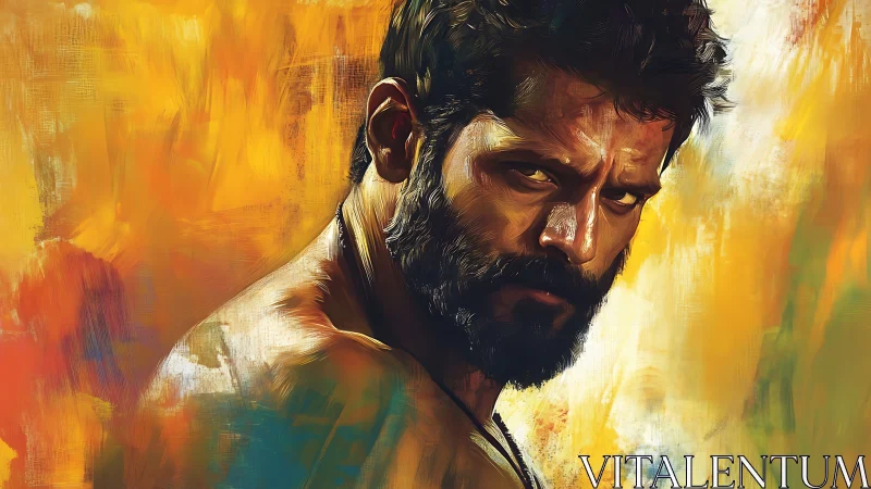 Intense bearded man portrait in bold warm painted colors.