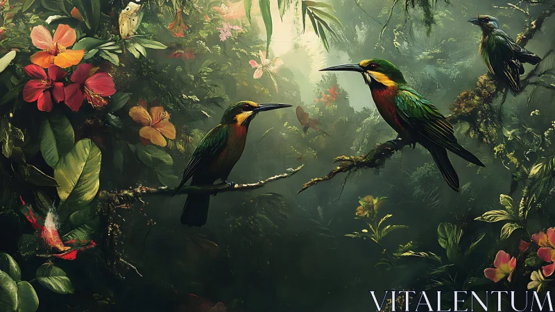 Digital rainforest birds amid lush tropical blossoms.