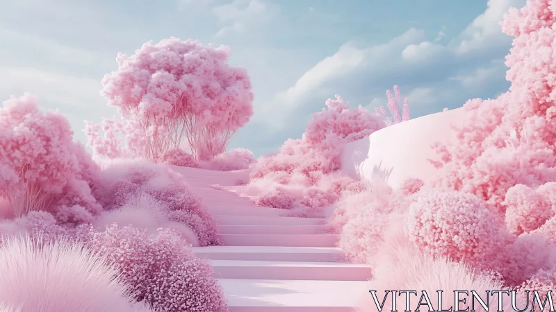 Dreamy pink staircase drifts gently through a candy cloud garden