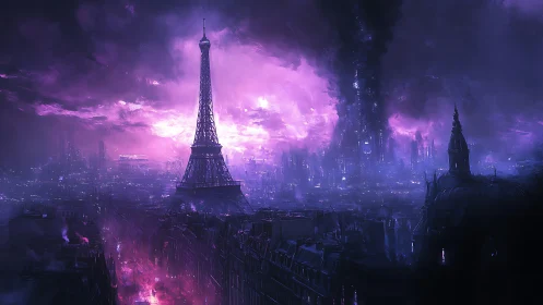 Eiffel Tower overlooks neon storm over futuristic Paris