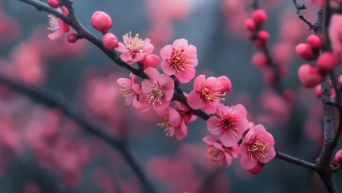 Pink flowering branch with buds in soft focus depth field