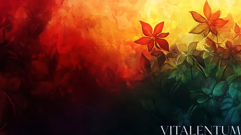 Fiery abstract florals over deep teal gradient field.