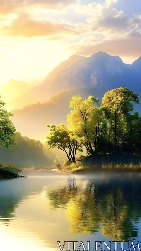 Mountain lake with trees under low sun and soft haze.