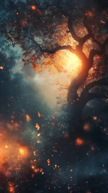 Glowing Tree Emerges Through Misty Golden Light and Embers