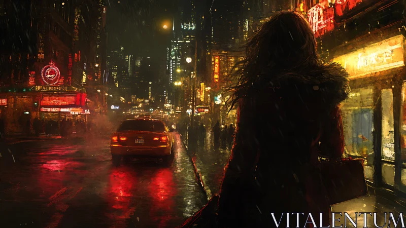 Midnight city rain glows around a lone, waiting figure