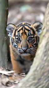 Curious tiger cub gazes through forest trees in soft light