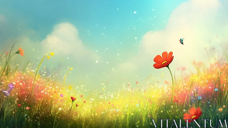 Wildflower meadow glows under soft pastel spring sky.