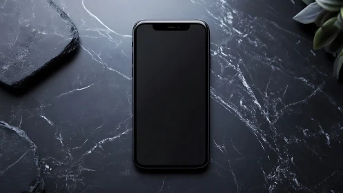 Black Smartphone on Dark Marble Background.