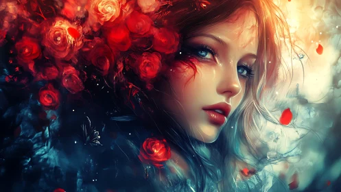 Fantasy portrait with roses and luminous atmosphere.