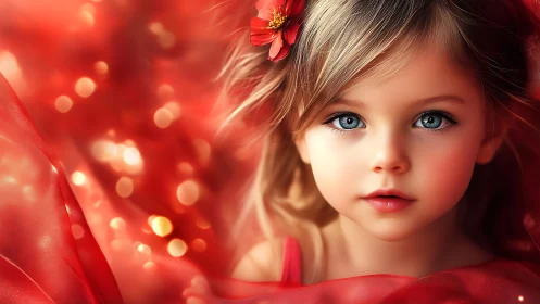 Child portrait with red floral background and bokeh lighting effects.