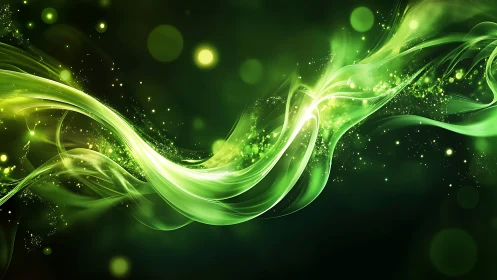 Luminous green energy wave arcs across dark abstract space