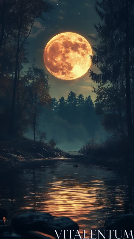 Luminous supermoon over forest river with reflective lightfield.