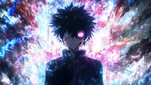 Energetically charged anime figure with luminous singular eye.