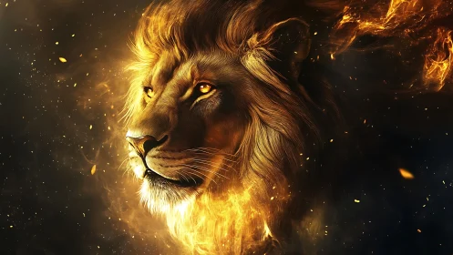 Solar-crowned lion blazing through embers of midnight fire.