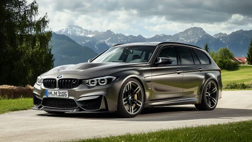 Station wagon car is parked on a rural mountain road